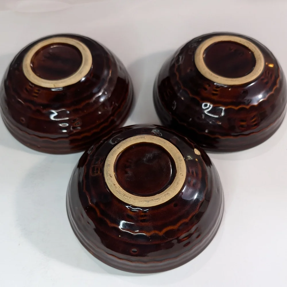 Mar-crest Daisy Dot vintage‎ MCM marked USA brown stoneware lot 3 small bowls